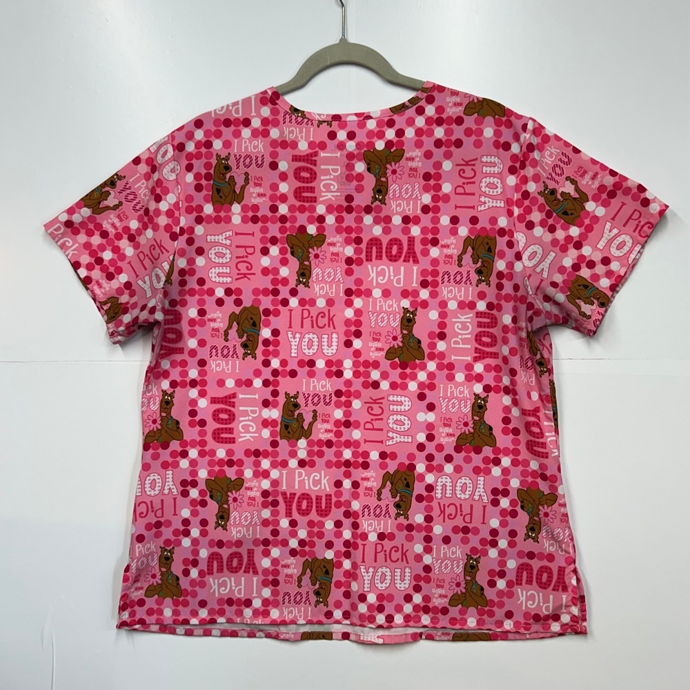 Scooby-Doo I Pick You Pink Polka Dot V-Neck Scrub Top XL Short Sleeve Pockets - Picture 2 of 9